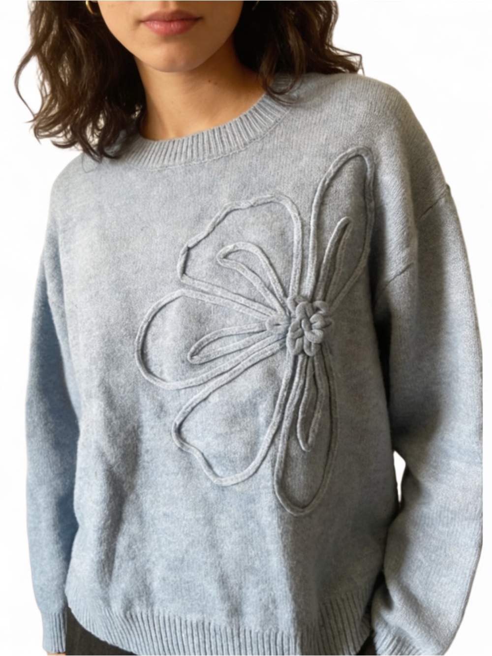 Luxe dusty blue floral embroidered crewneck long sleeve sweater • new!
